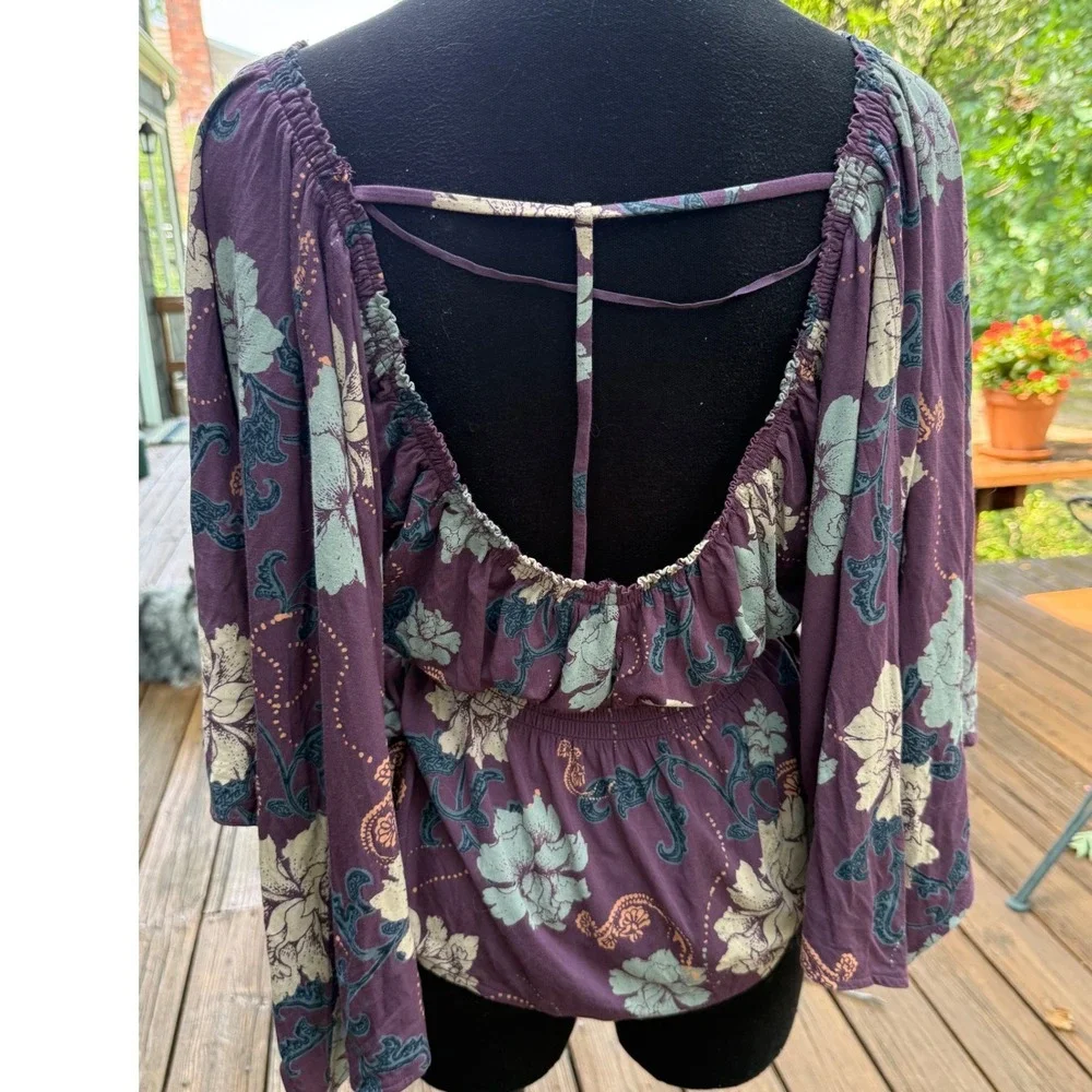 Free People Purple Floral Smocked Waist Open Back Kimono Sleeve Blouse XS